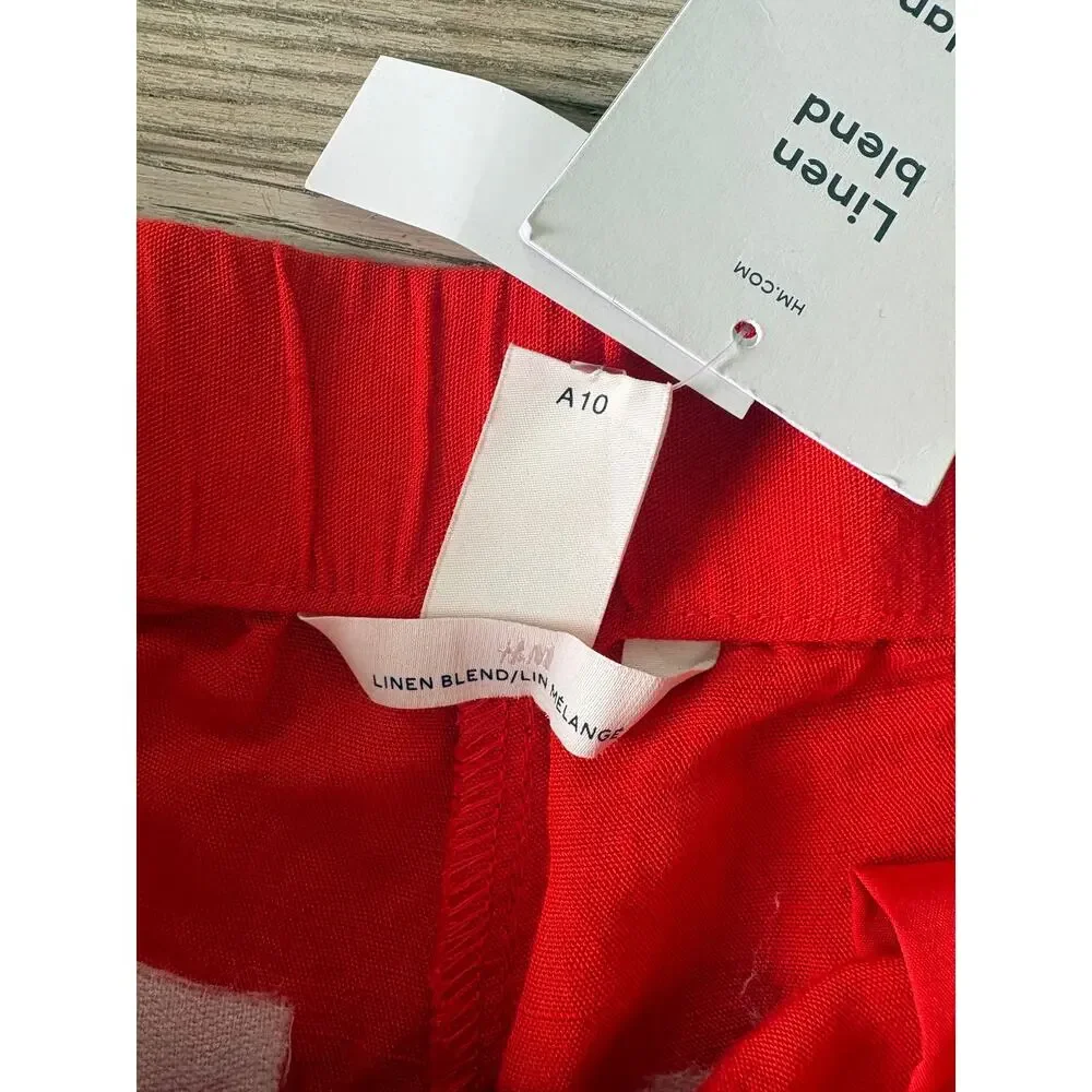 H&M Linen Blend Trousers Size 6 Tomato Red NWT High Waist Flare Leg Side Pockets